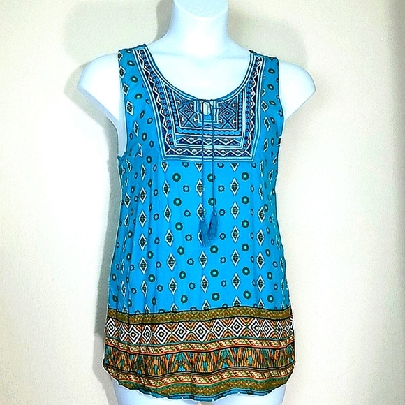 new directions Tops - Peasant Blouse Sleeveless  tunic geometric print embroidered blue yellow  white